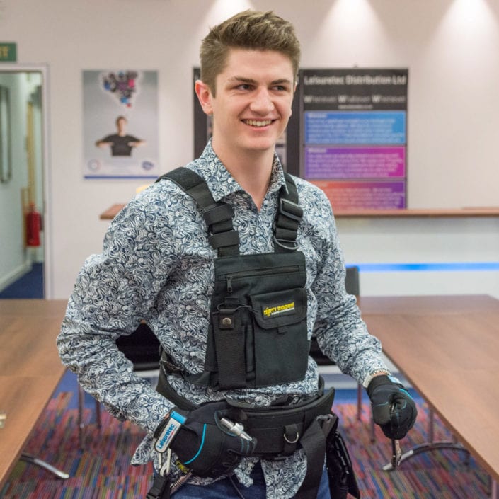 Leisuretec’s Charlie modelling the Chest Pack and Padded Tool Belt Leisuretec's Charlie modelling the Chest Pack and Padded Tool Belt